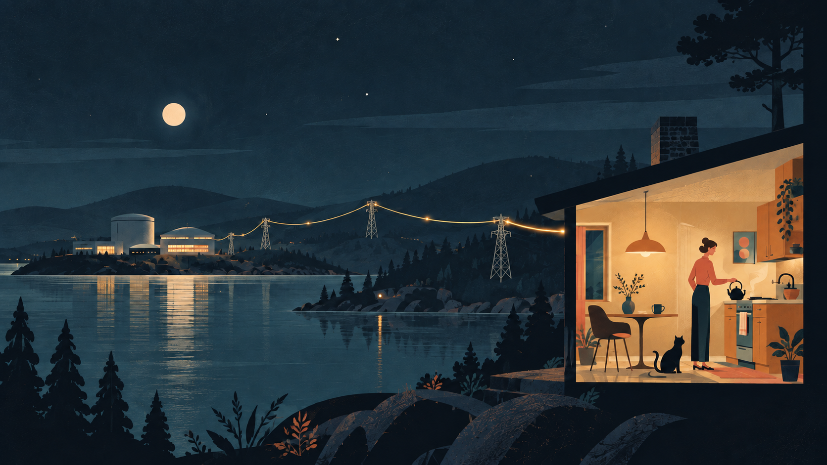 Warm illustration of a woman and cat in a kitchen overlooking a lake, power lines, and a distant nuclear station