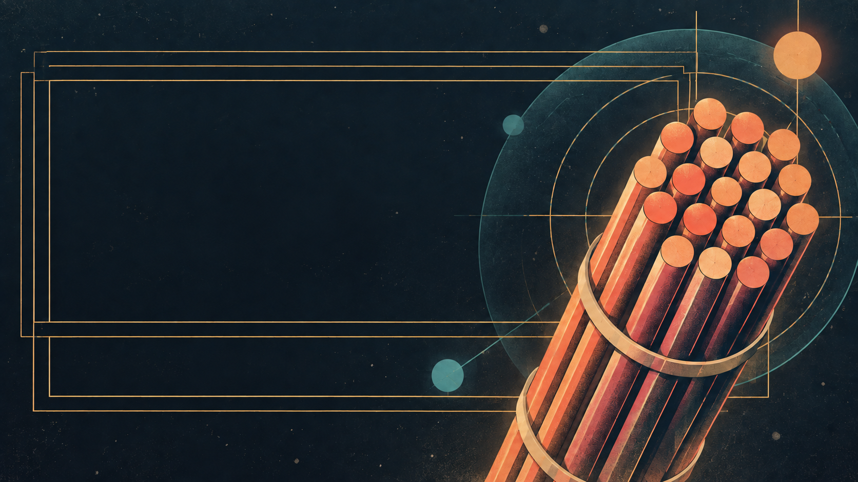 Illustrated bundle of glowing nuclear fuel rods inside geometric orbital lines